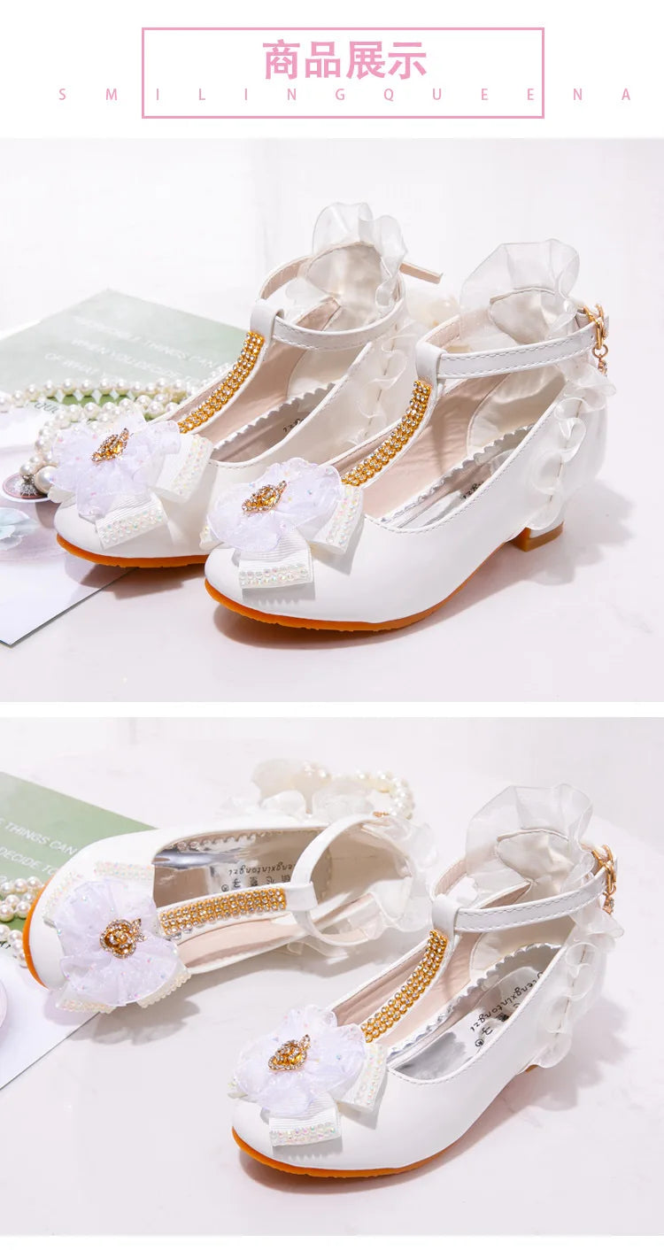 Prinsessen School Shoes Fashion Kids Flower Crystal Girls Shoes for Party and Wedding Children'S Leather Shoes Dance High-Heeled