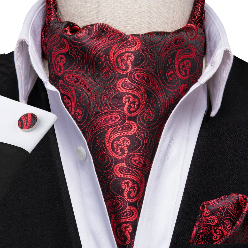 Free Shipping Men's Ascot Cravat Red Black Paisley Jacquard Hankie Cufflinks Tie Set