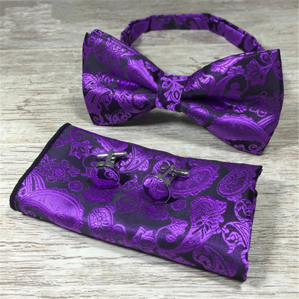 Paisley Floral Men Woven Silk Wedding Self Bow Tie Handkerchief Set and Cufflink