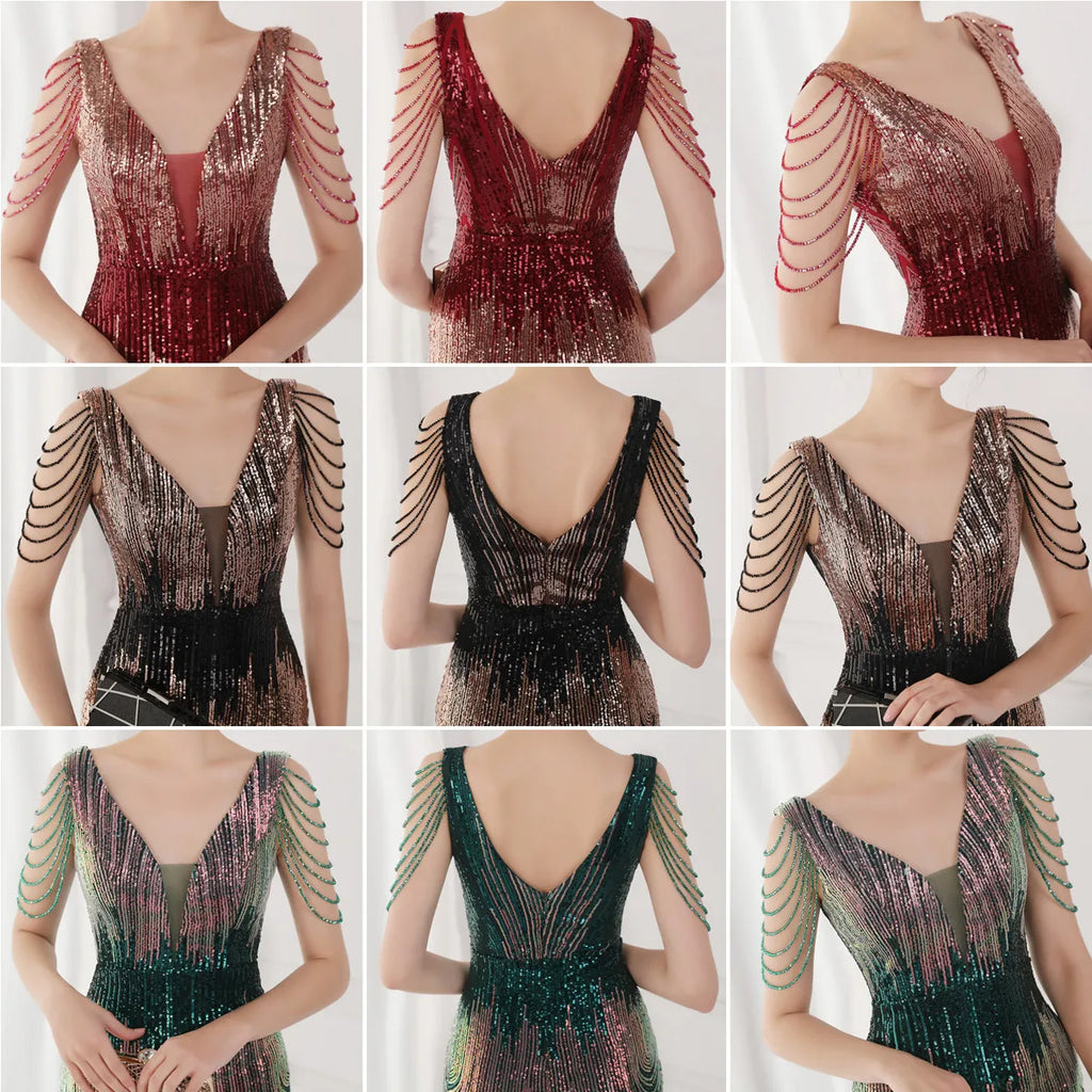19127# Luxury Gowns for Women Evening Dresses Gradient Sequin V-neck Sleeveless Slim Mermaid Wedding Dress Ceremony Prom Dresses