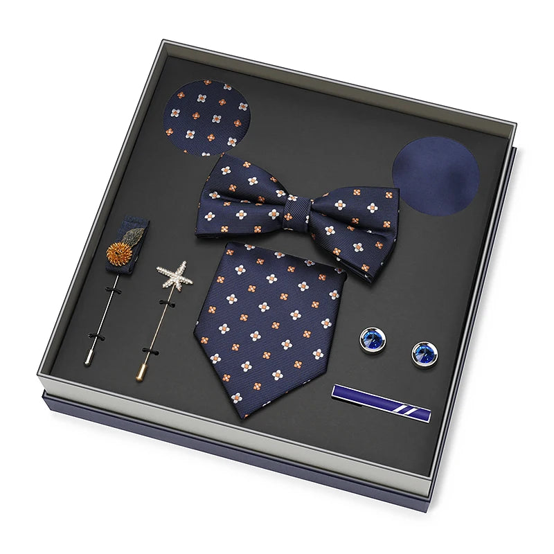 Hot Selling Luxury Men Silk Paisley Gold Necktie Bow Tie Cufflink and Handkerchief Gift Set With Gift Box