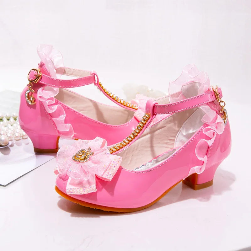 Prinsessen School Shoes Fashion Kids Flower Crystal Girls Shoes for Party and Wedding Children'S Leather Shoes Dance High-Heeled