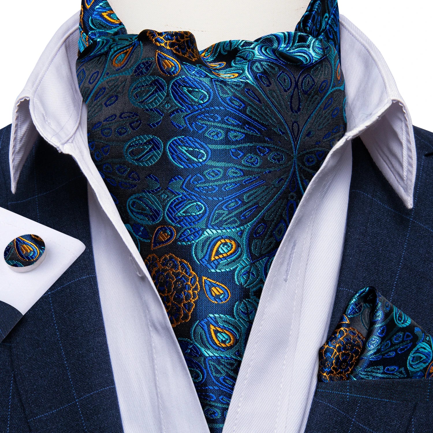 Free Shipping Men's Ascot Cravat Red Black Paisley Jacquard Hankie Cufflinks Tie Set