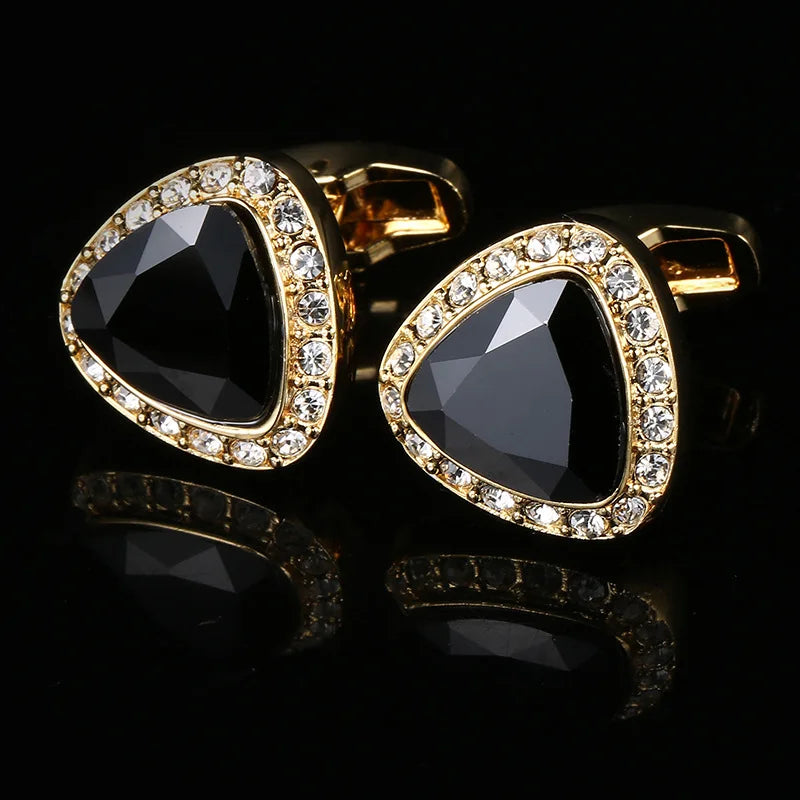 Golden Brass Black Crystal Rhinestone Cufflinks Triangle Diamonds Suits Accessories Cufflinks
