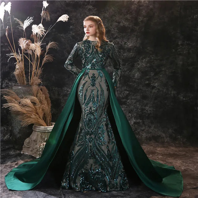 2023 Evening Dresses Hot Sale Africa Women Stain Detachable Tail Sequin Evening Dress Prom Long Sleeve Prom Dresses Sequins