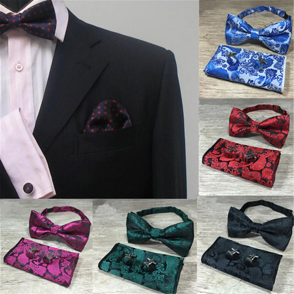 Paisley Floral Men Woven Silk Wedding Self Bow Tie Handkerchief Set and Cufflink