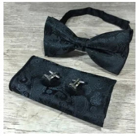 Paisley Floral Men Woven Silk Wedding Self Bow Tie Handkerchief Set and Cufflink