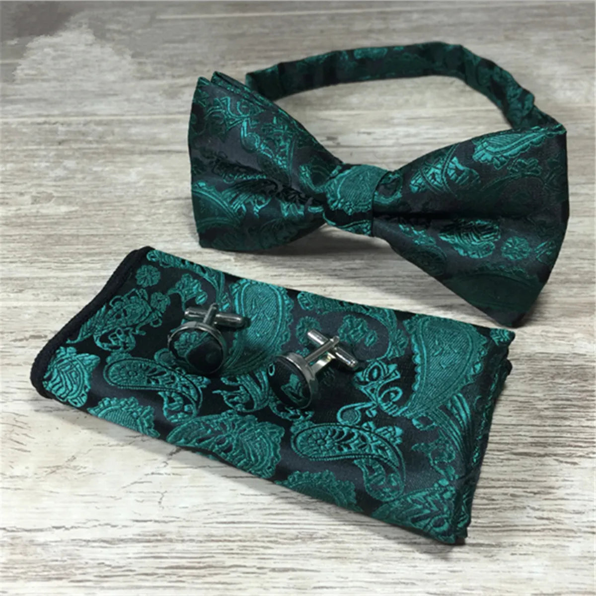 Paisley Floral Men Woven Silk Wedding Self Bow Tie Handkerchief Set and Cufflink