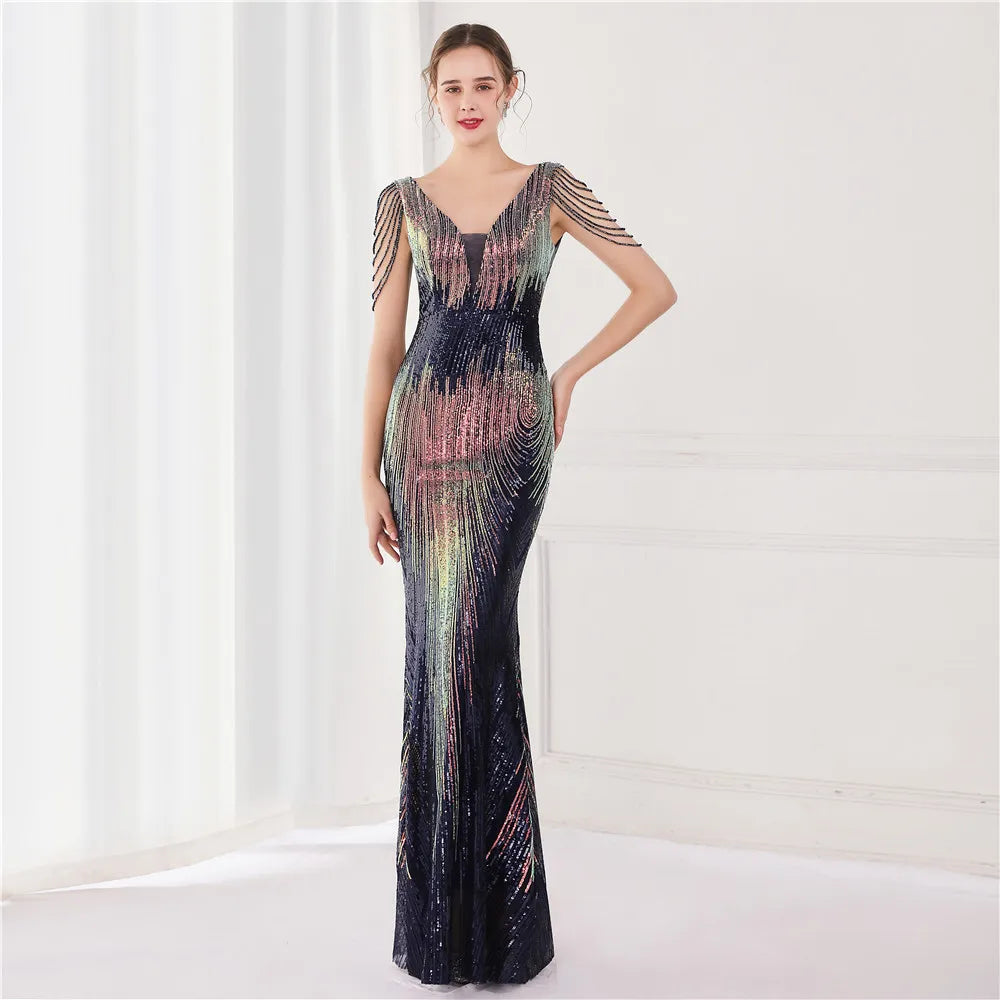 19127# Luxury Gowns for Women Evening Dresses Gradient Sequin V-neck Sleeveless Slim Mermaid Wedding Dress Ceremony Prom Dresses