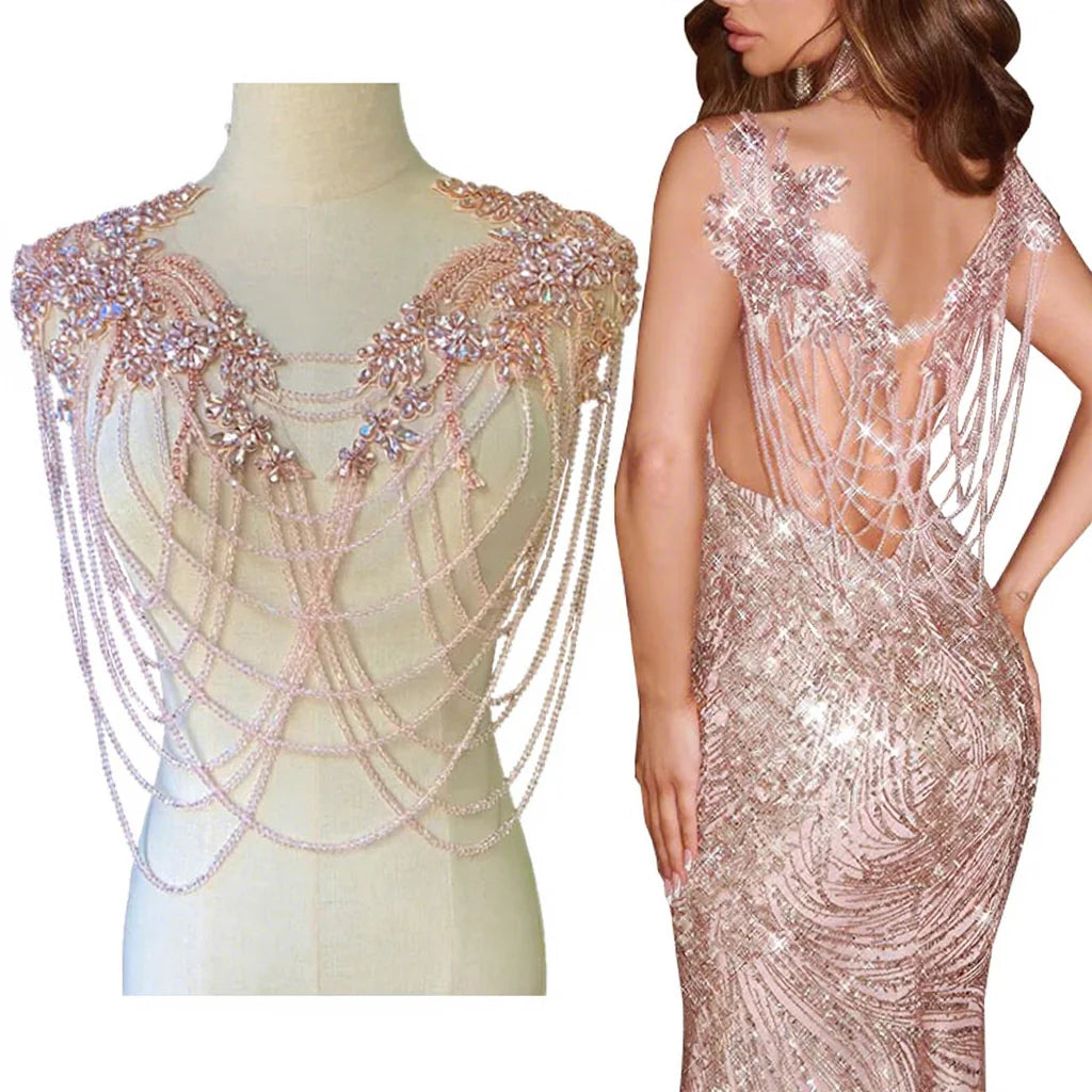 WDP-297 Keering Pink Flower Rhinestone Appliques Elegant Rhinestone Fringe Shoulder Patch for Prom Dresses