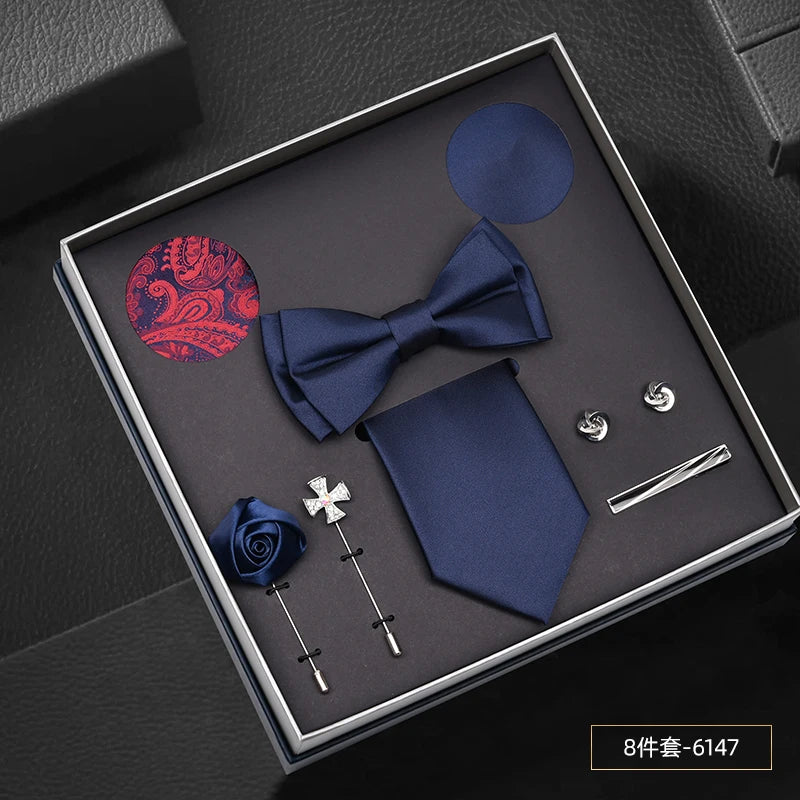 Hot Selling Luxury Men Silk Paisley Gold Necktie Bow Tie Cufflink and Handkerchief Gift Set With Gift Box
