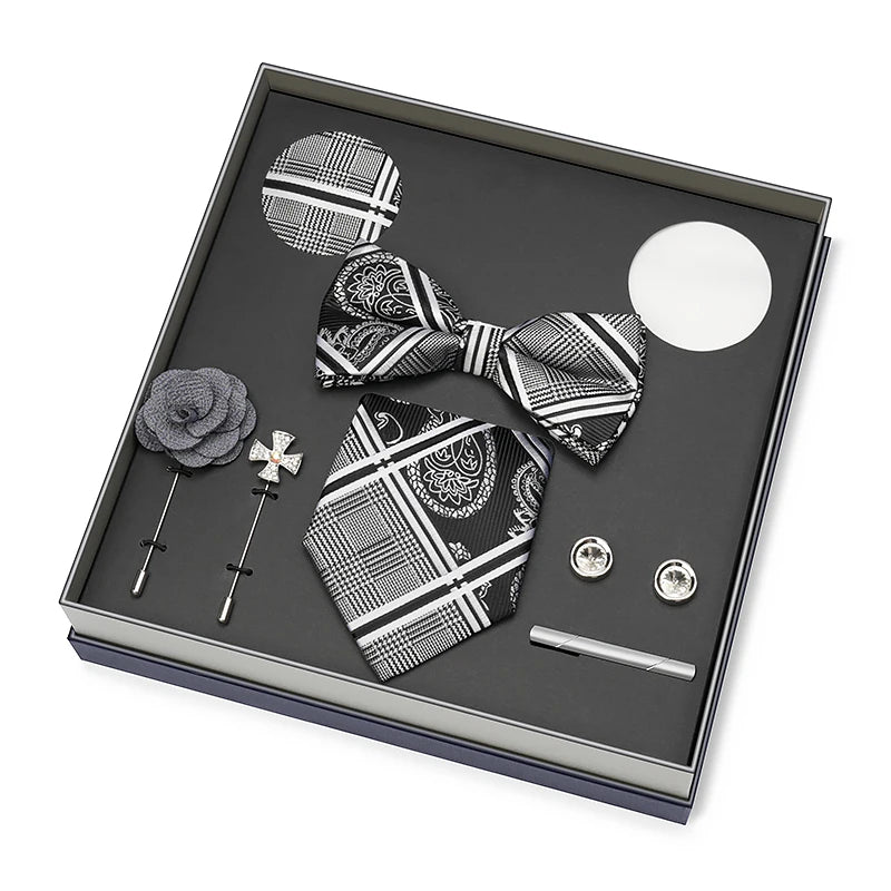 Hot Selling Luxury Men Silk Paisley Gold Necktie Bow Tie Cufflink and Handkerchief Gift Set With Gift Box