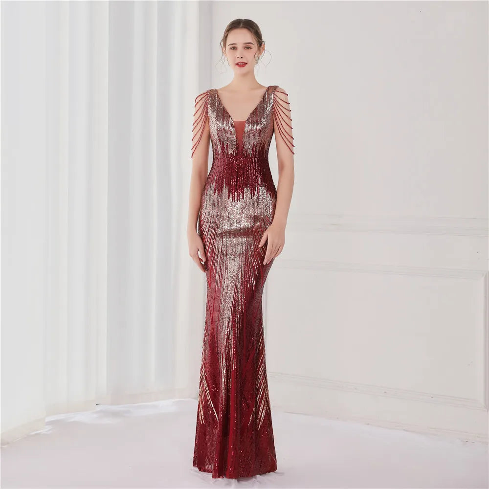 19127# Luxury Gowns for Women Evening Dresses Gradient Sequin V-neck Sleeveless Slim Mermaid Wedding Dress Ceremony Prom Dresses