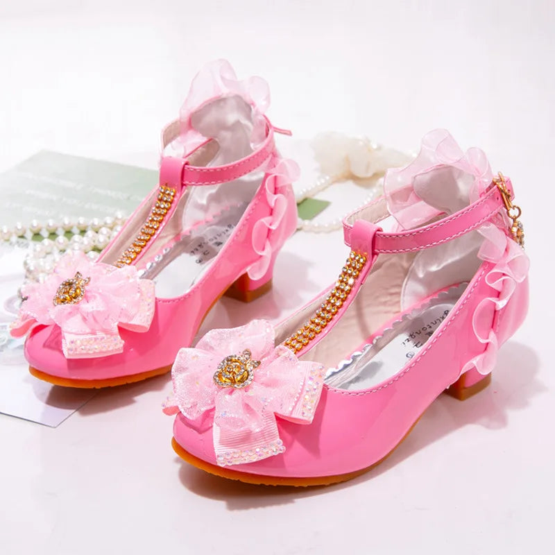 Prinsessen School Shoes Fashion Kids Flower Crystal Girls Shoes for Party and Wedding Children'S Leather Shoes Dance High-Heeled