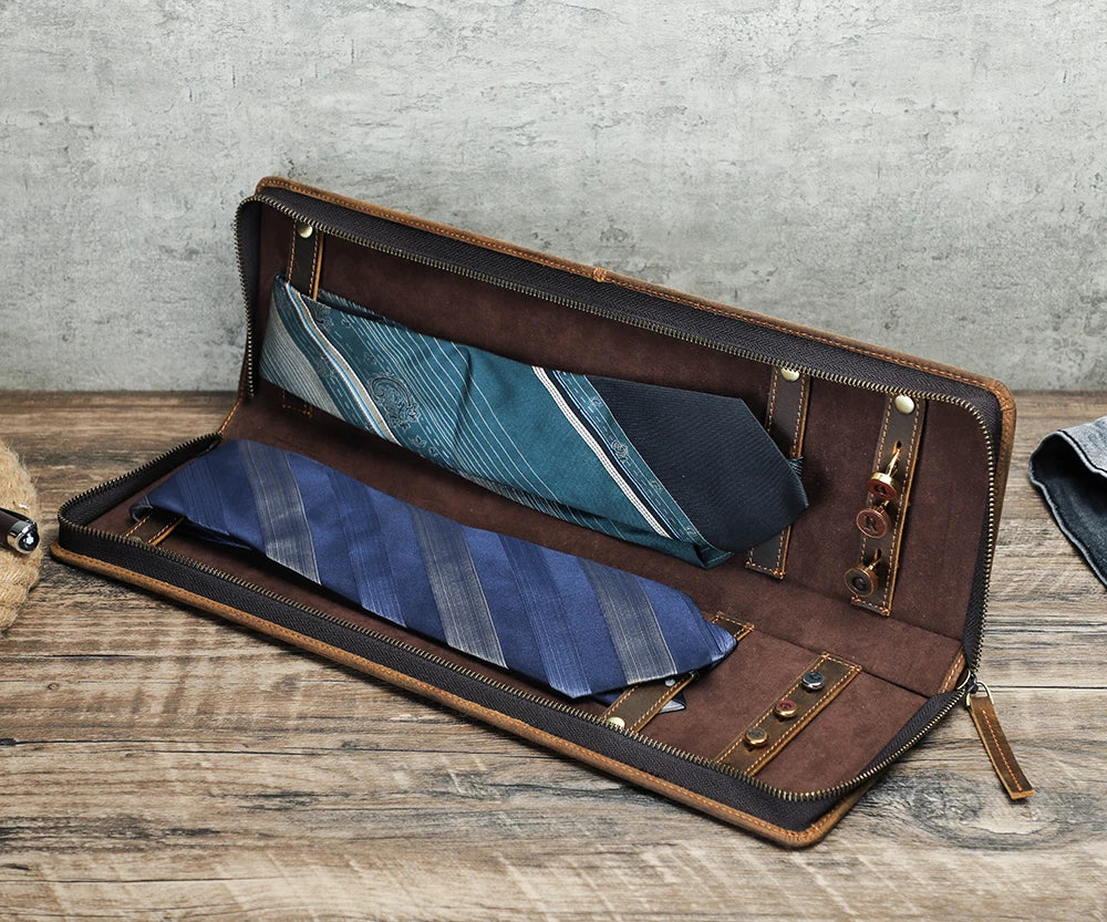 Genuine Leather Travel Neck Tie Storage Organizer Case Bag Fashionable Cufflinks and Necktie Holder for Men
