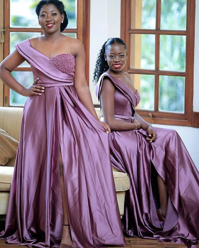 Morili Plus Size a Line African Prom Dresses Wedding Guest Dresses Beaded Pearls Women Formal Purple Bridesmaid Dresses MB511