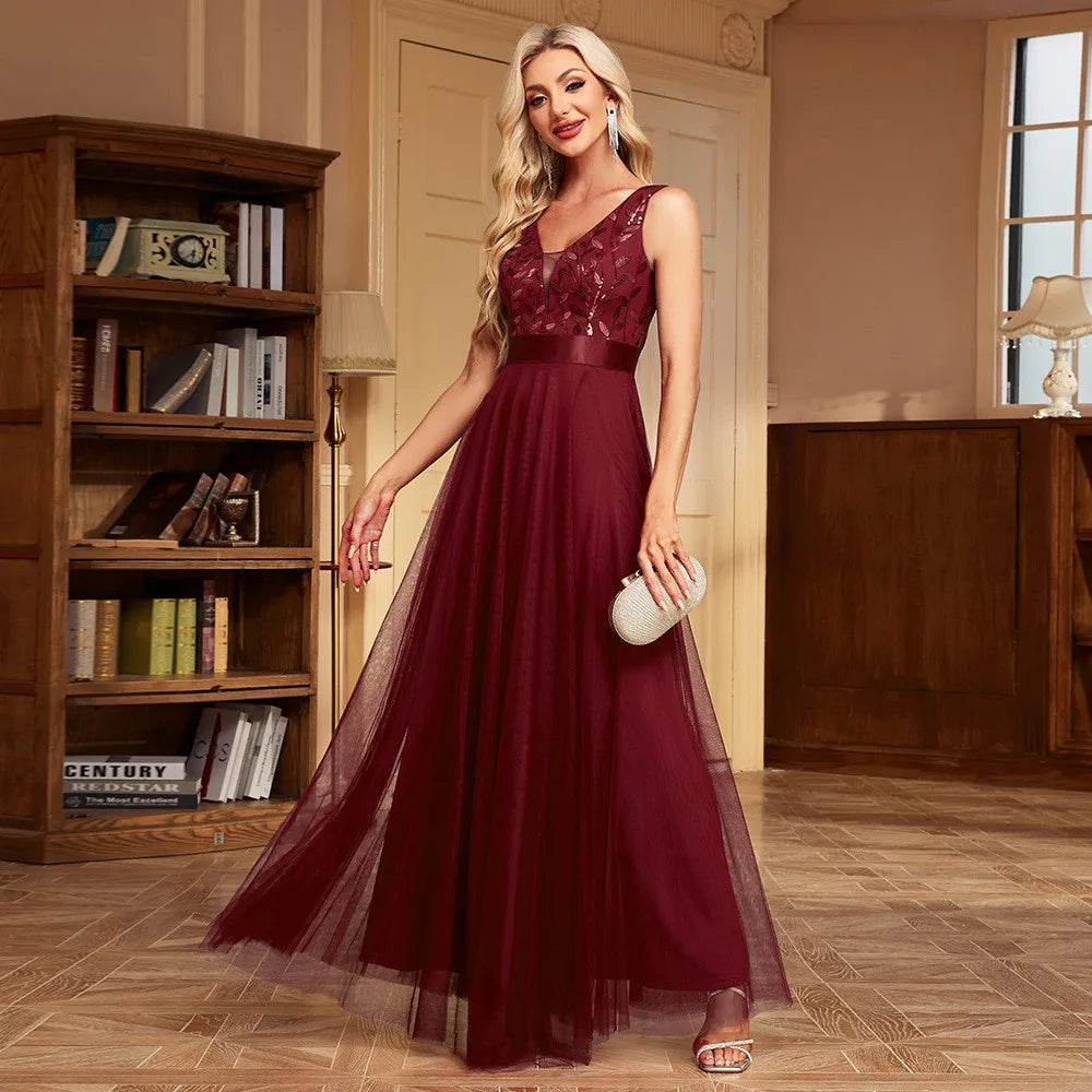 TW00075 Trendy Bridesmaid Dresses Sleeveless V-Neck Elegant A-line Long Party Evening Dresses 2024 Tulle Embroidery Prom Dresses