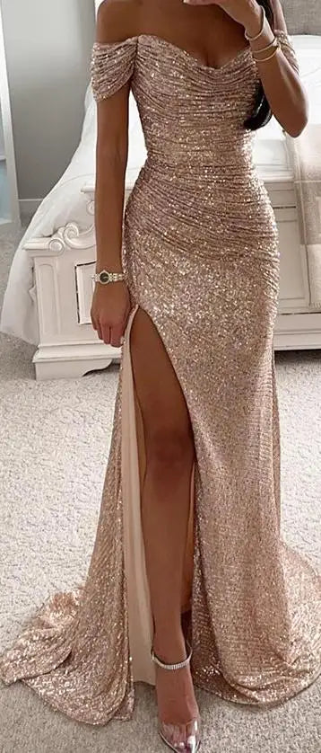 S-XL Women Mermaid Evening Maxi Dresses  Elegant Off-Shoulder Sequin Split Formal Prom Dresses for Party Customized