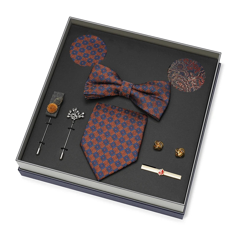 Hot Selling Luxury Men Silk Paisley Gold Necktie Bow Tie Cufflink and Handkerchief Gift Set With Gift Box