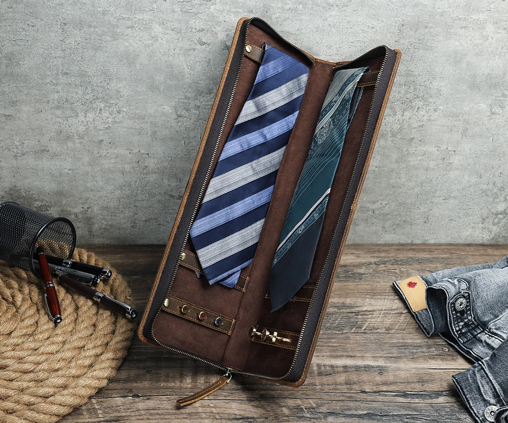 Genuine Leather Travel Neck Tie Storage Organizer Case Bag Fashionable Cufflinks and Necktie Holder for Men