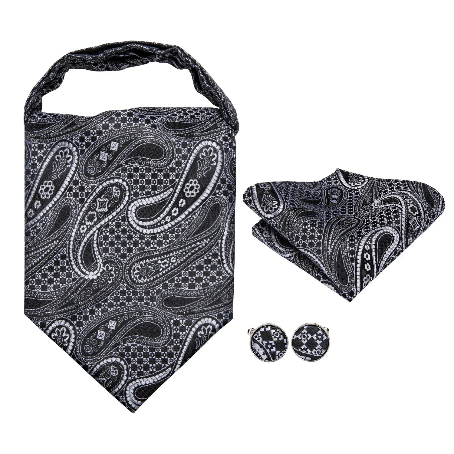 Free Shipping Men's Ascot Cravat Red Black Paisley Jacquard Hankie Cufflinks Tie Set