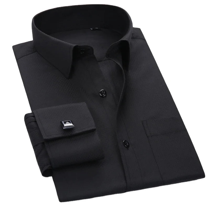 Men's Korean Style Polyester Cotton Slim Fit Business Formal Shirt Single Breasted Anti-Pilling French Cufflinks Hidden Buttons
