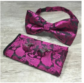 Paisley Floral Men Woven Silk Wedding Self Bow Tie Handkerchief Set and Cufflink