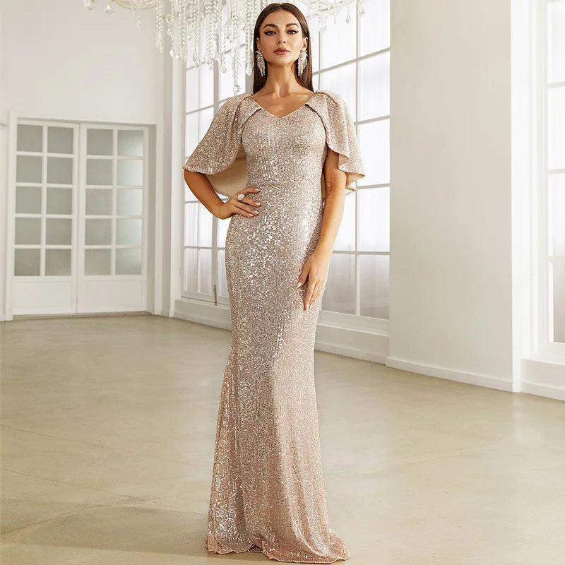 Long Style Sequin V-neck Package Buttocks Maxi Mermaid Evening Prom Dresses