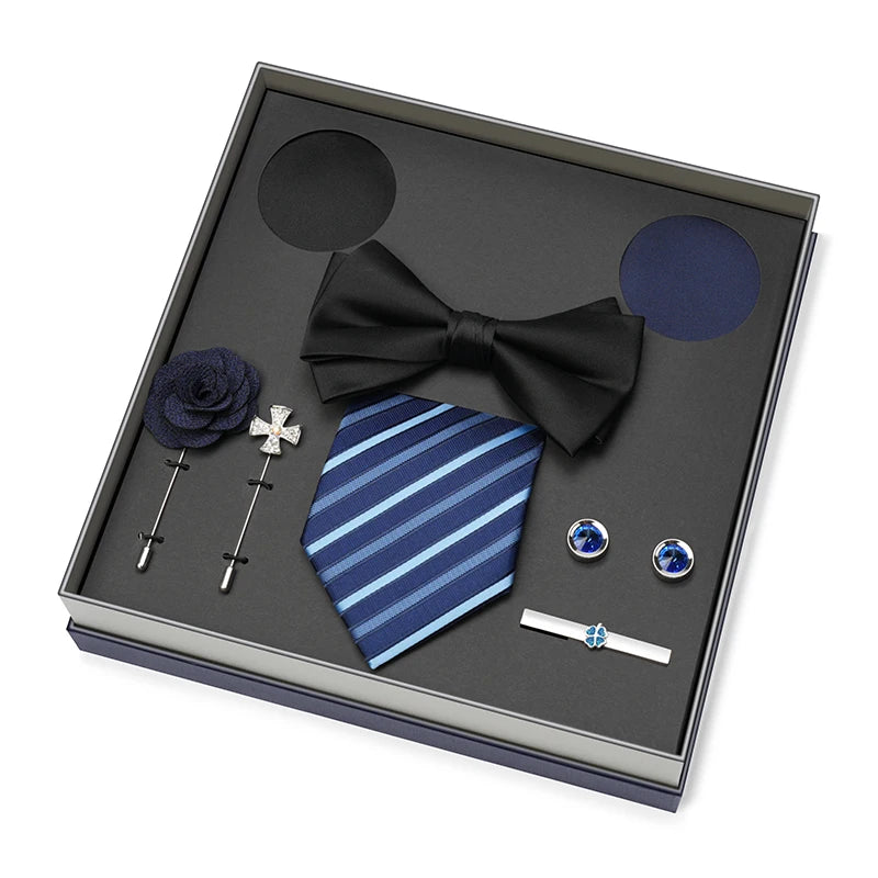 Hot Selling Luxury Men Silk Paisley Gold Necktie Bow Tie Cufflink and Handkerchief Gift Set With Gift Box