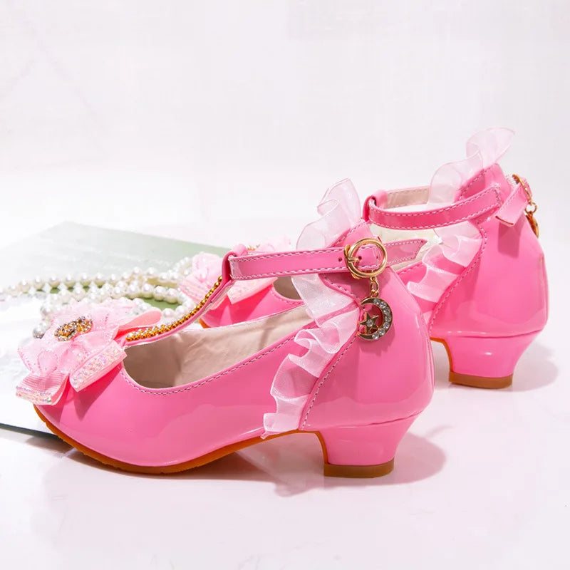 Prinsessen School Shoes Fashion Kids Flower Crystal Girls Shoes for Party and Wedding Children'S Leather Shoes Dance High-Heeled