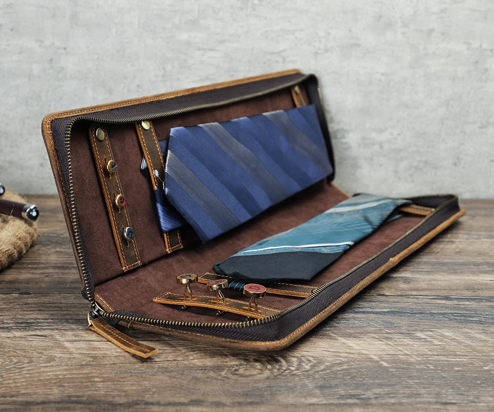 Genuine Leather Travel Neck Tie Storage Organizer Case Bag Fashionable Cufflinks and Necktie Holder for Men