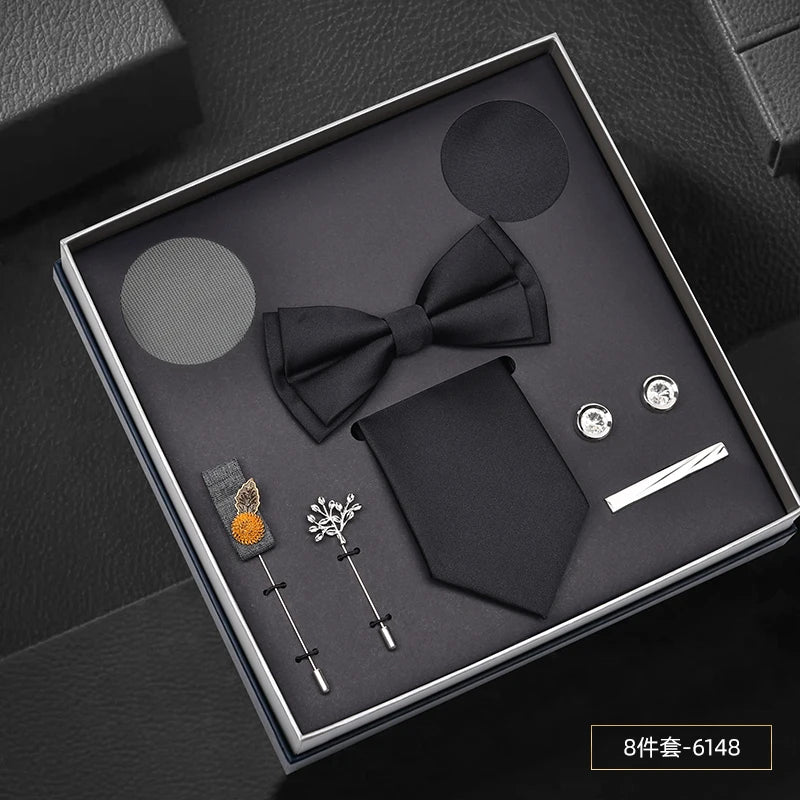Hot Selling Luxury Men Silk Paisley Gold Necktie Bow Tie Cufflink and Handkerchief Gift Set With Gift Box