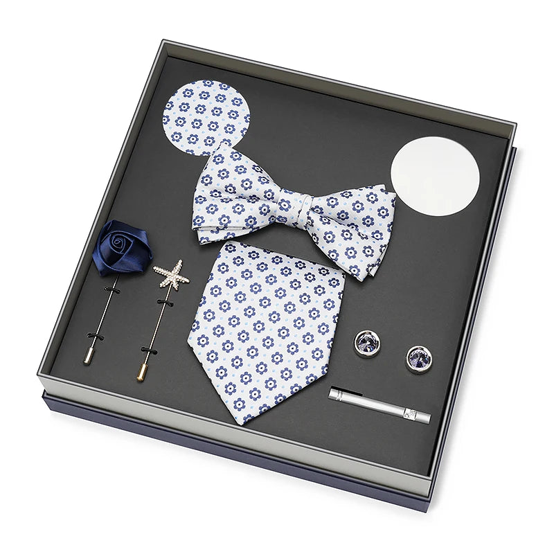 Hot Selling Luxury Men Silk Paisley Gold Necktie Bow Tie Cufflink and Handkerchief Gift Set With Gift Box