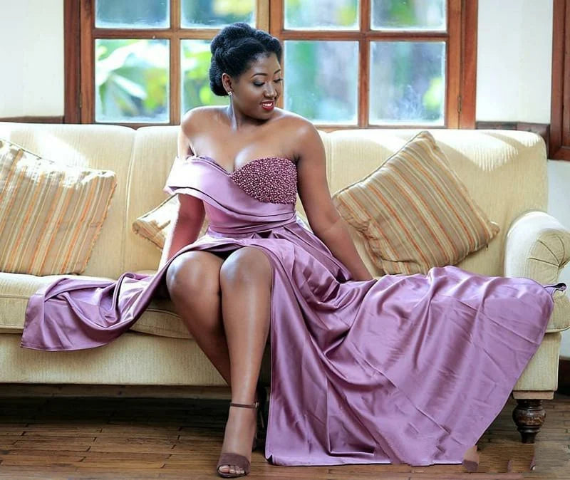 Morili Plus Size a Line African Prom Dresses Wedding Guest Dresses Beaded Pearls Women Formal Purple Bridesmaid Dresses MB511