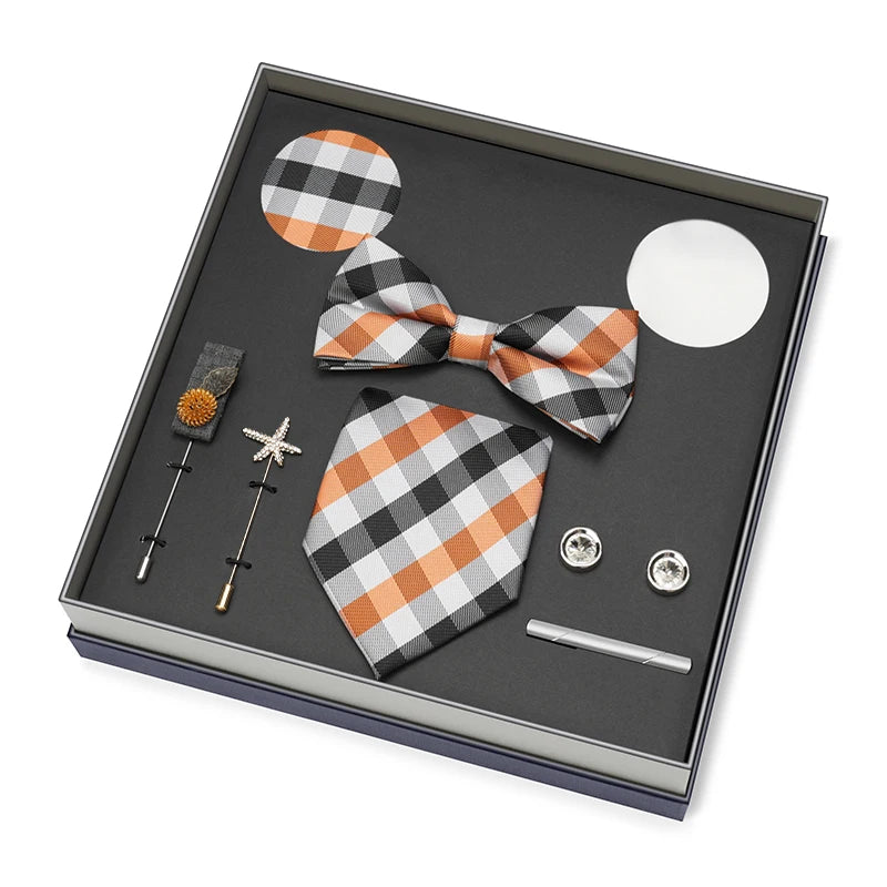 Hot Selling Luxury Men Silk Paisley Gold Necktie Bow Tie Cufflink and Handkerchief Gift Set With Gift Box