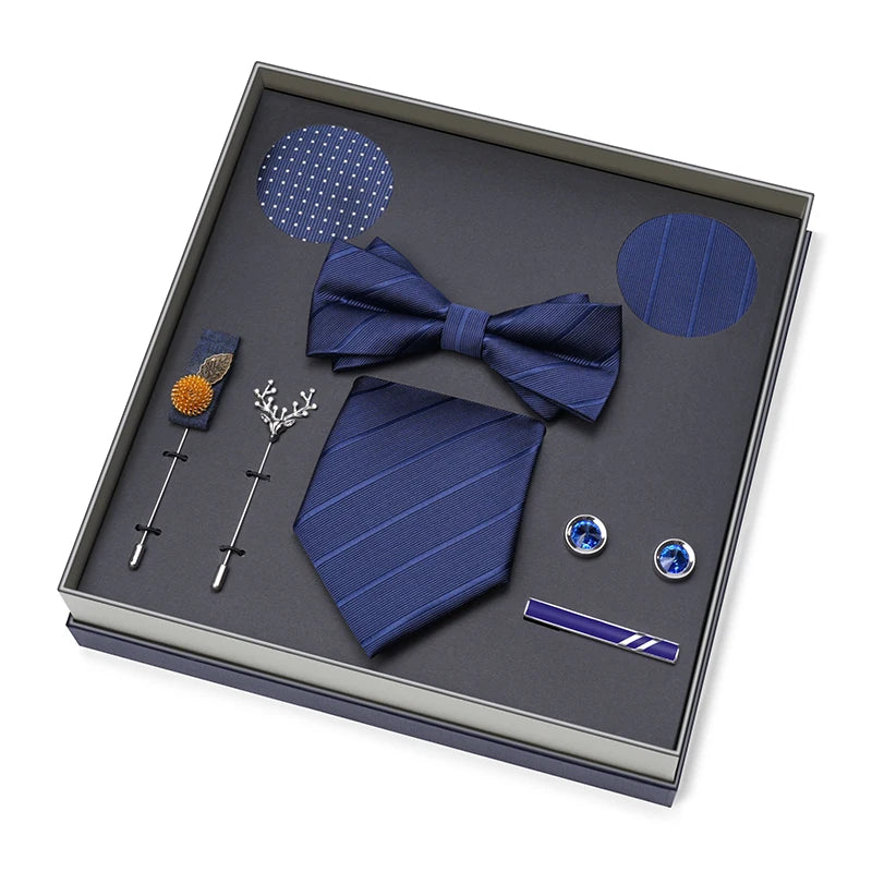 Hot Selling Luxury Men Silk Paisley Gold Necktie Bow Tie Cufflink and Handkerchief Gift Set With Gift Box