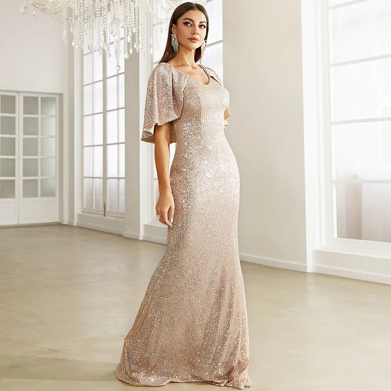 Long Style Sequin V-neck Package Buttocks Maxi Mermaid Evening Prom Dresses