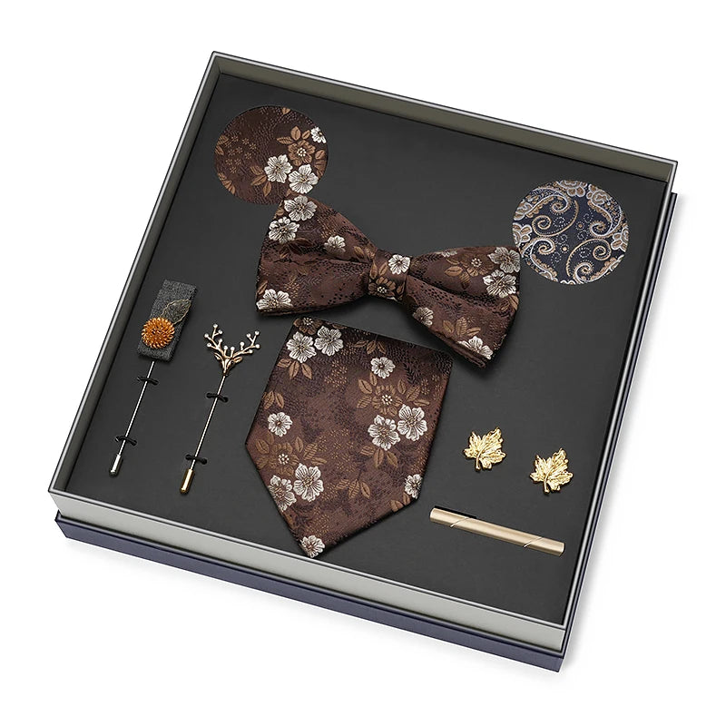 Hot Selling Luxury Men Silk Paisley Gold Necktie Bow Tie Cufflink and Handkerchief Gift Set With Gift Box