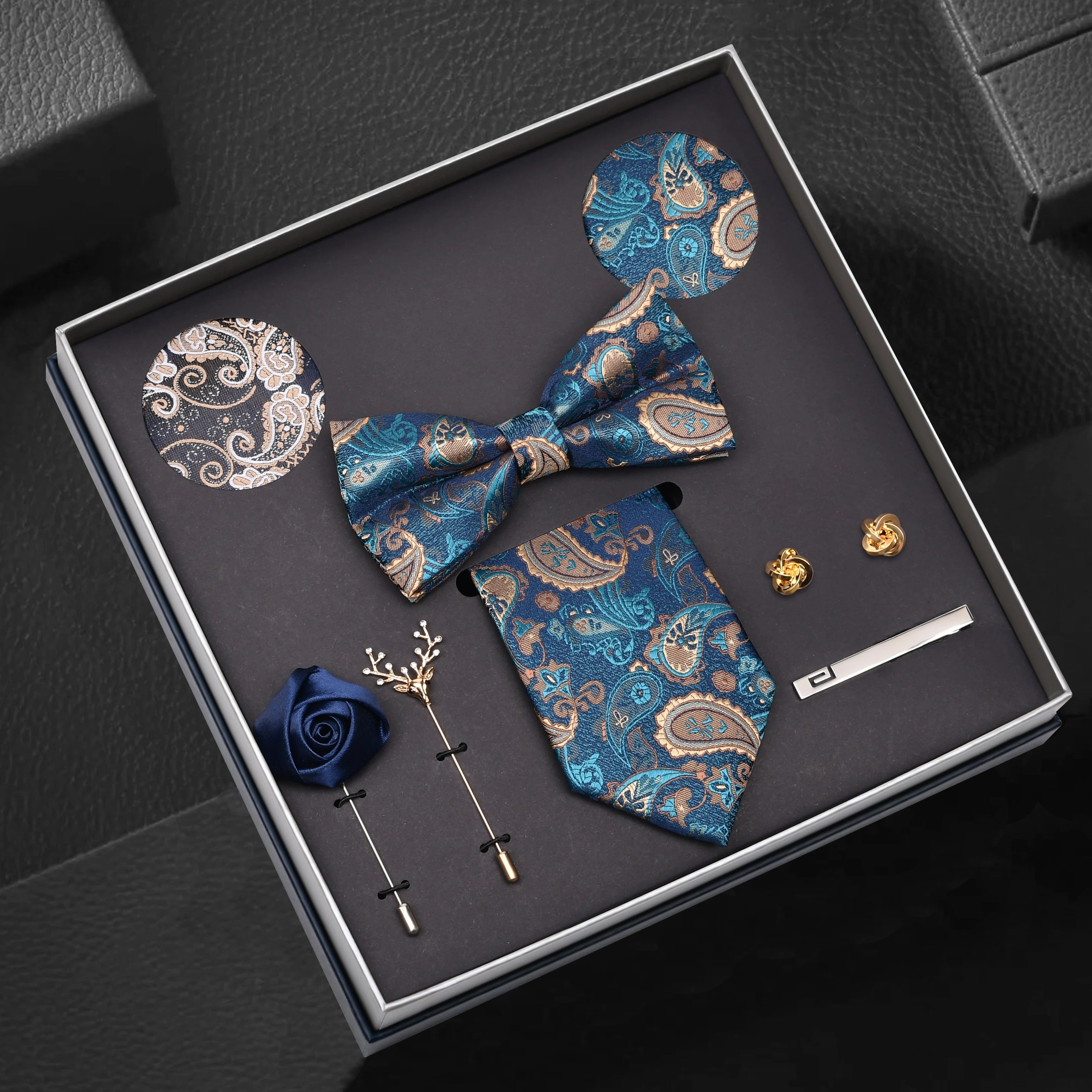 Hot Selling Luxury Men Silk Paisley Gold Necktie Bow Tie Cufflink and Handkerchief Gift Set With Gift Box