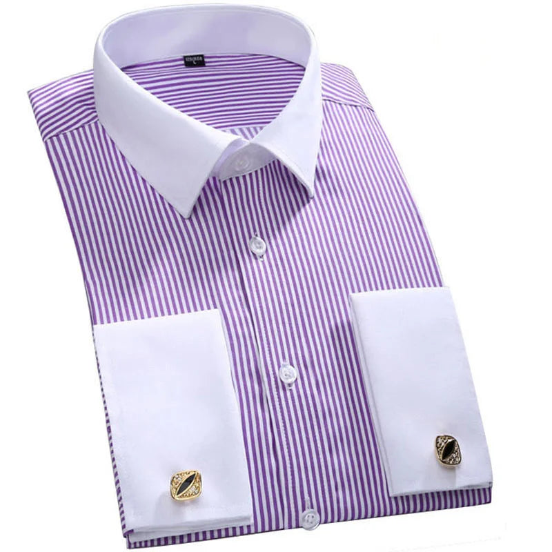 Men's Korean Style Polyester Cotton Slim Fit Business Formal Shirt Single Breasted Anti-Pilling French Cufflinks Hidden Buttons