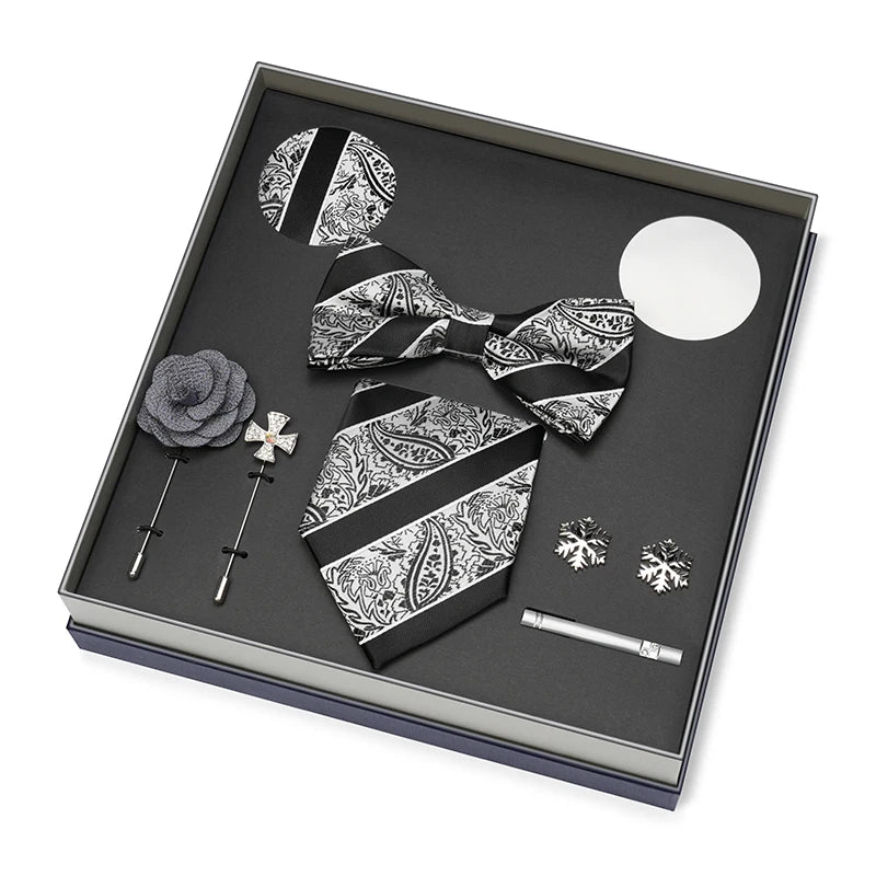 Hot Selling Luxury Men Silk Paisley Gold Necktie Bow Tie Cufflink and Handkerchief Gift Set With Gift Box