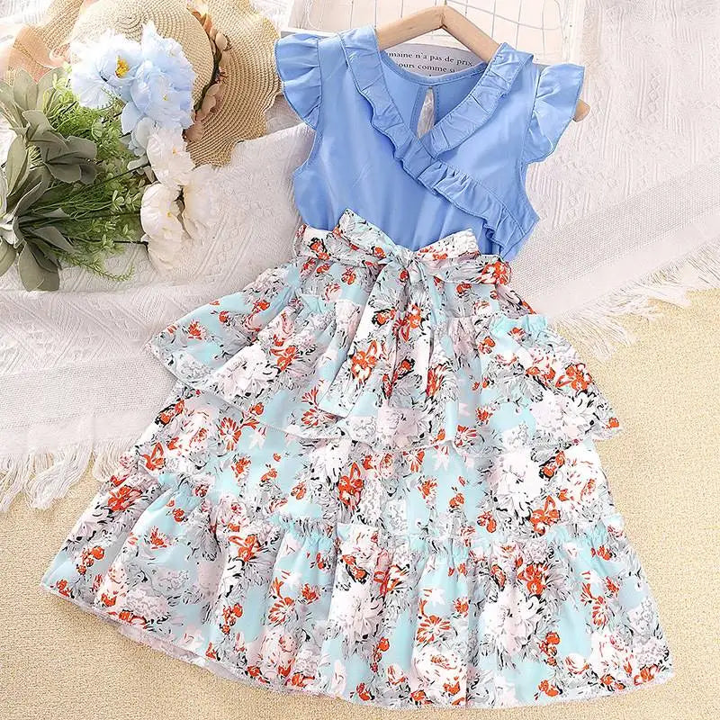 Girls' Dresses 7-12 Years Summer Sleeveless Baby Clothes Printed Flowers Ruffles Kids Clothing Girl Dress