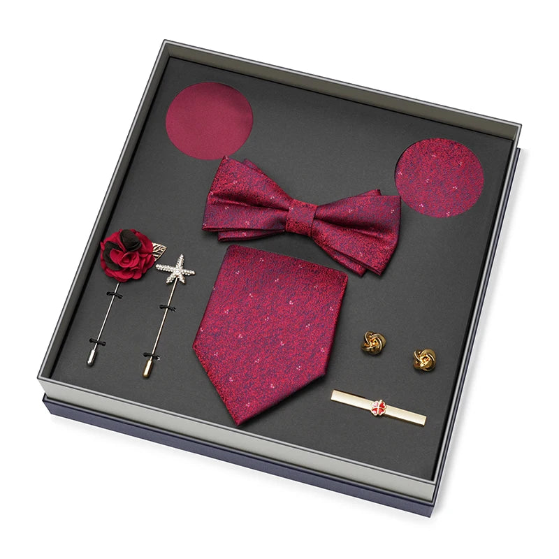 Hot Selling Luxury Men Silk Paisley Gold Necktie Bow Tie Cufflink and Handkerchief Gift Set With Gift Box
