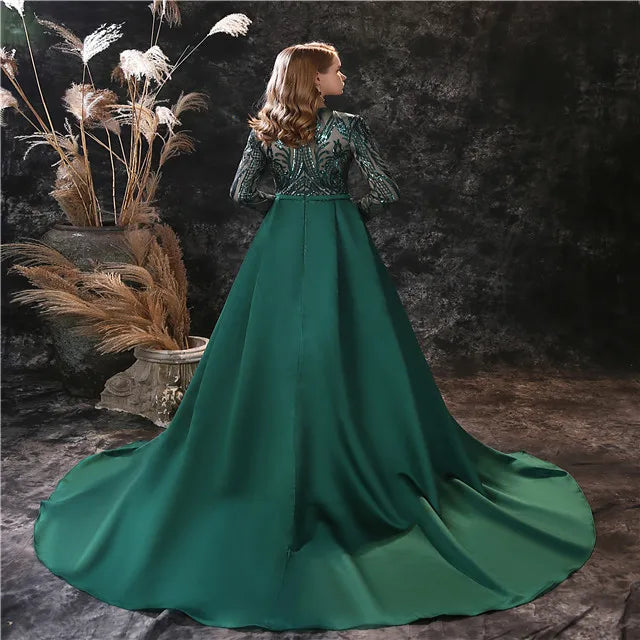 2023 Evening Dresses Hot Sale Africa Women Stain Detachable Tail Sequin Evening Dress Prom Long Sleeve Prom Dresses Sequins