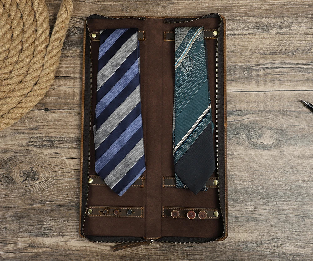 Genuine Leather Travel Neck Tie Storage Organizer Case Bag Fashionable Cufflinks and Necktie Holder for Men