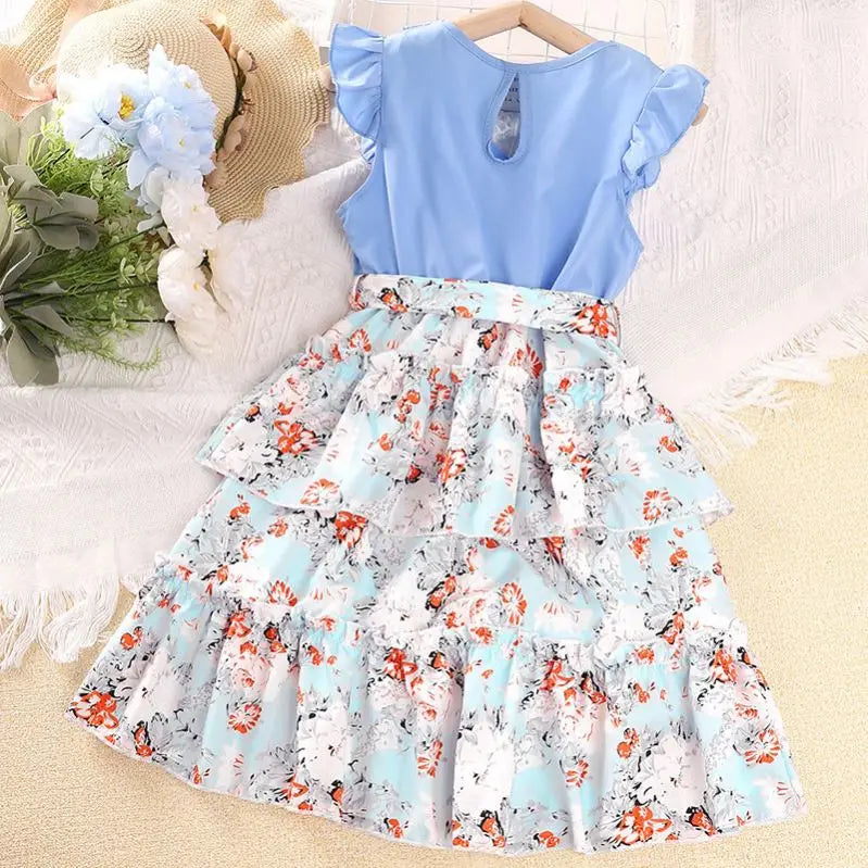 Girls' Dresses 7-12 Years Summer Sleeveless Baby Clothes Printed Flowers Ruffles Kids Clothing Girl Dress