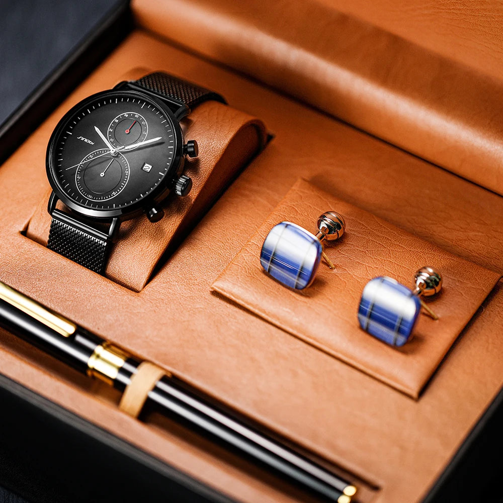 SINOBI Wholesale Exquisite Quality Watch Gift Business Gift Cufflinks Fountain Pen Suit  Quartz Men's Watches Set