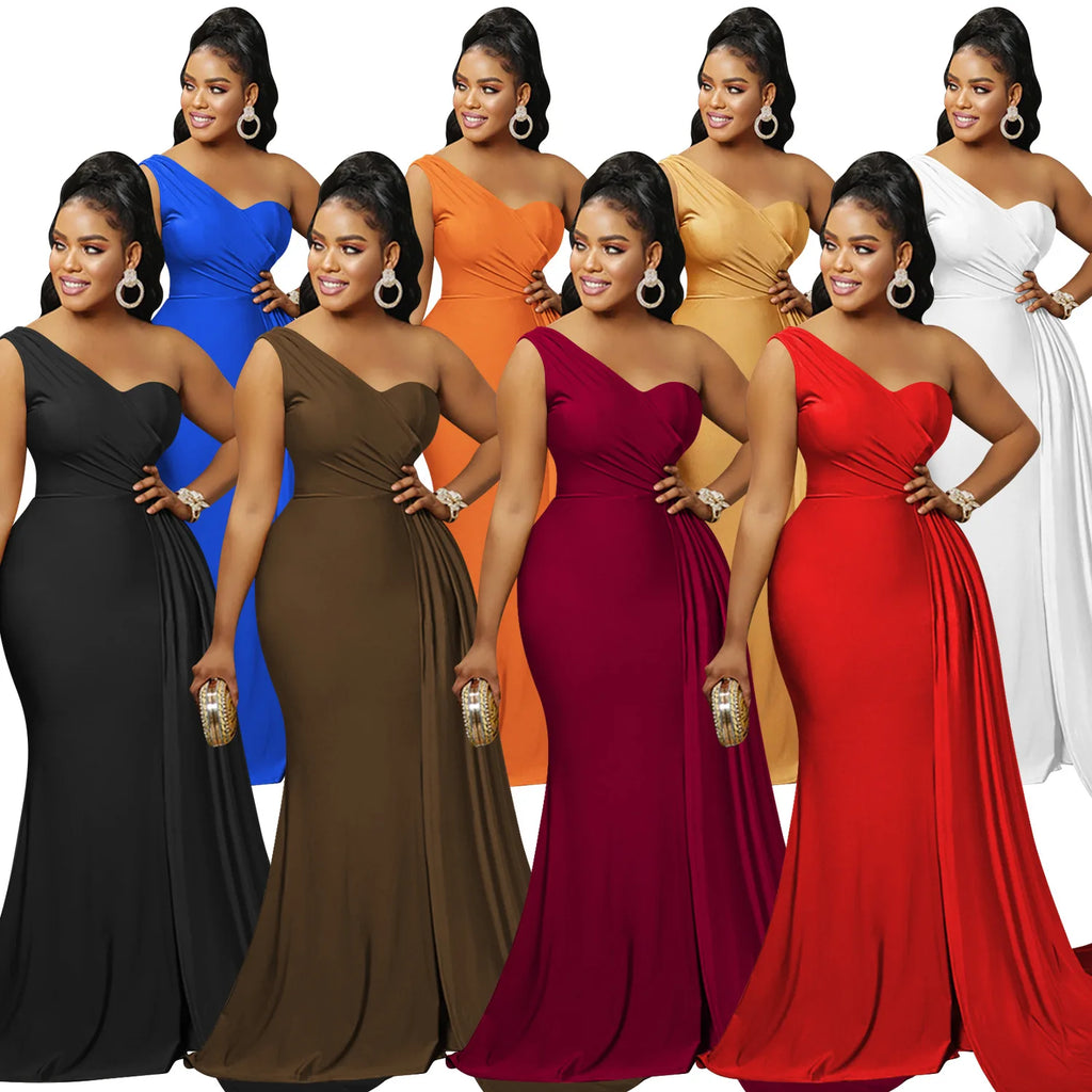 X5819 Latest Design Fashion Party Dresses Women One Shoulder Sleeve Evening Dresses Women Lady Elegant Mermaid Prom Dresses