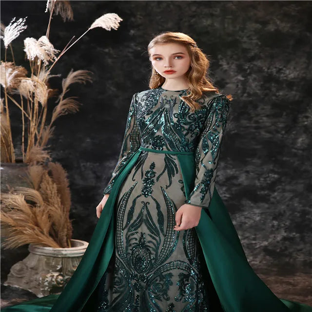 2023 Evening Dresses Hot Sale Africa Women Stain Detachable Tail Sequin Evening Dress Prom Long Sleeve Prom Dresses Sequins