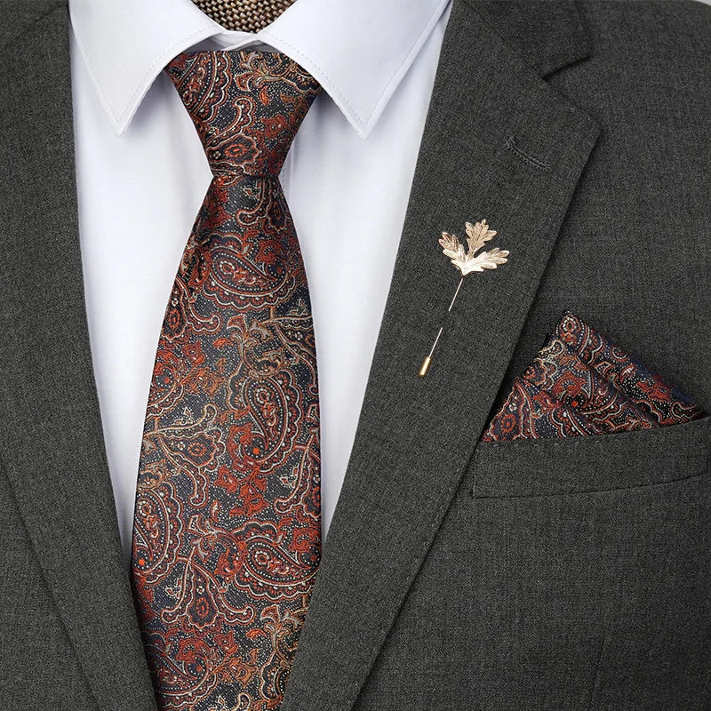 Hot Selling Luxury Men Silk Paisley Gold Necktie Bow Tie Cufflink and Handkerchief Gift Set With Gift Box